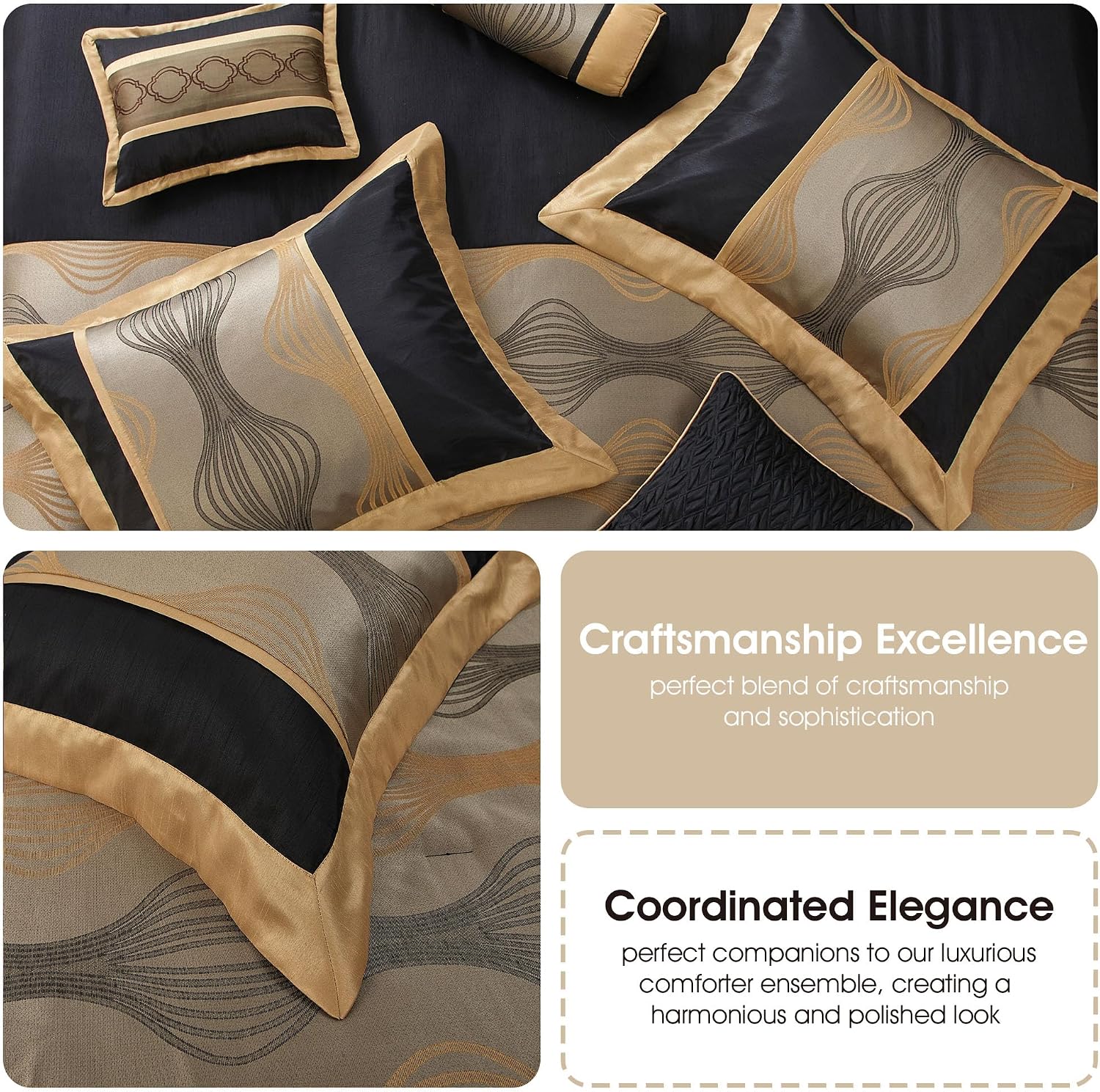 Grand Avenue Elegant Black and Gold Comforter Set, Striped, 7 Pieces Jacquard Bedding Sets with Comforter, Bed Skirt, Pillows & Shams, California King Size All Season, Lightweight Microfiber