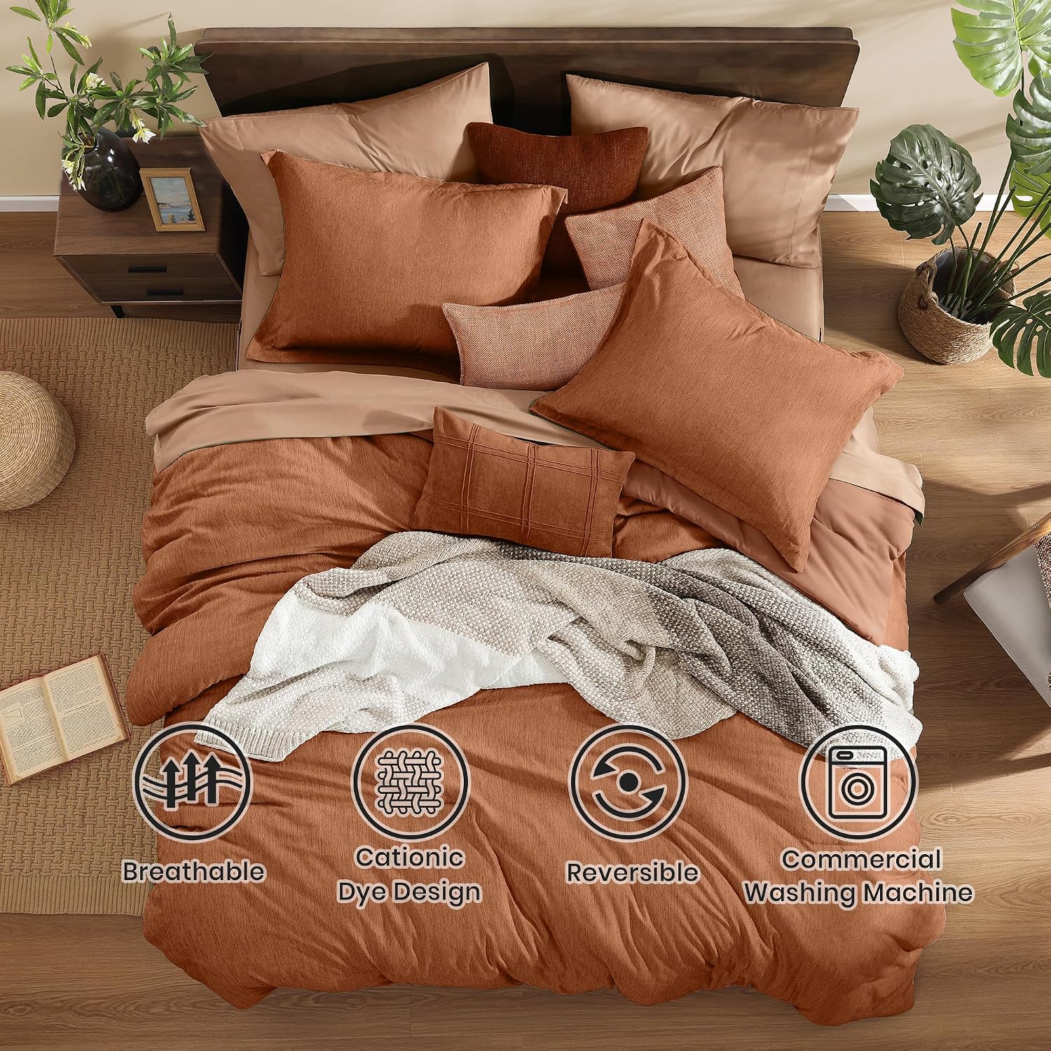 Monbix Super King Plus Comforter Set, Autumn Leaf Cationic Dyeing Bedding Set Reversible, Bed in a Bag 7 Pieces with Comforter, Sheets, Pillowcases & Shams
