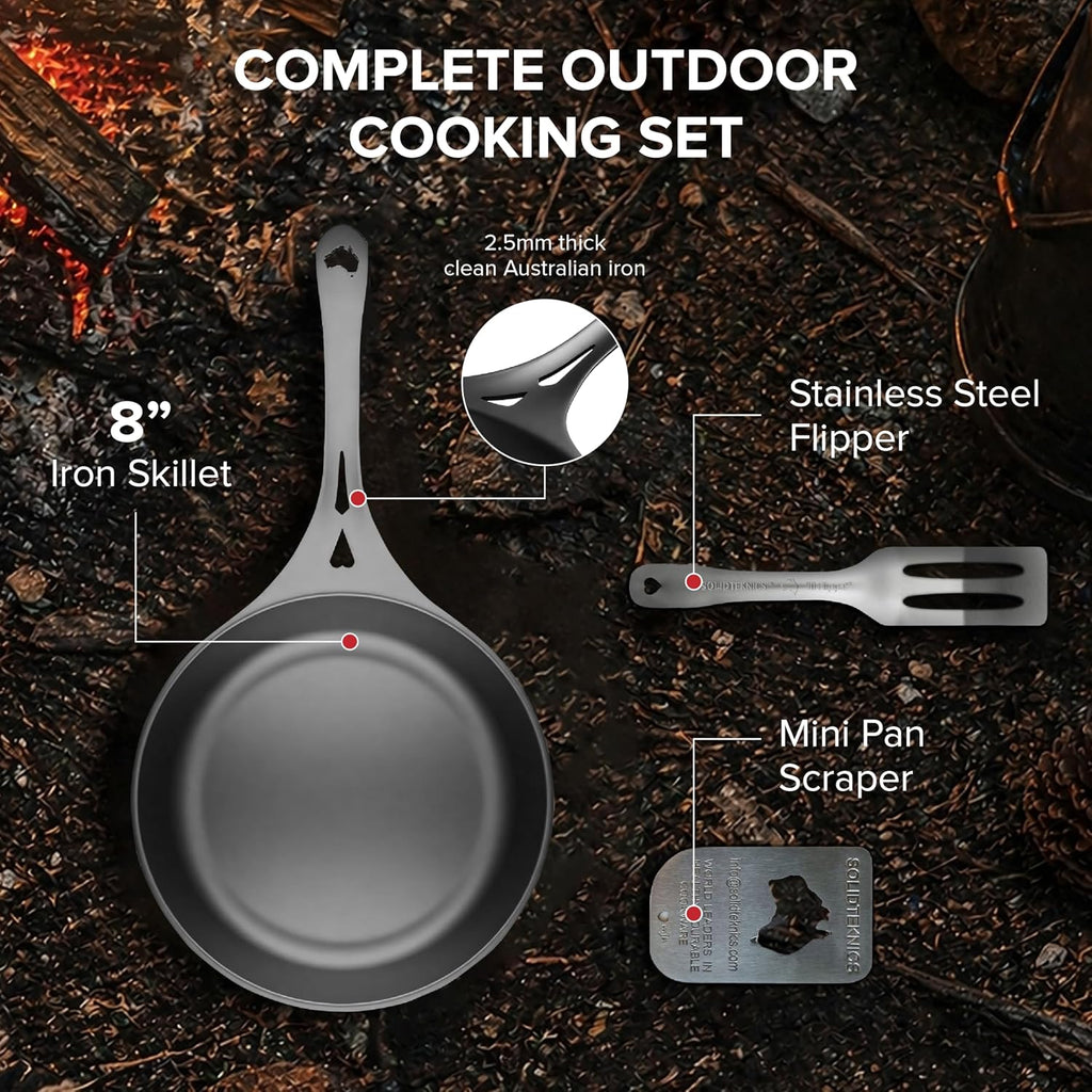 SOLIDTEKNICS 8' Outdoor Skillet Set – Naturally Seasoned Australian Iron Skillet with Lil Flippa Stainless Flipper & Mini Pan Scraper Lightweight Camping Cookware for Grill & Campfire Cooking