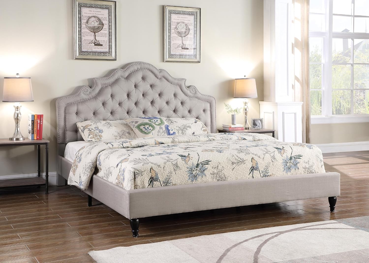 HomeLife Premiere Classics 51' Tall Platform Bed with Cloth Headboard and Slats - Full (Light Grey Silver)