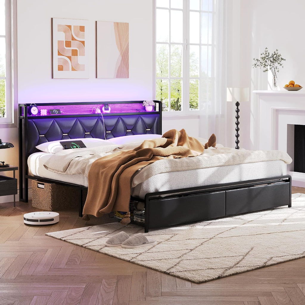 Ailisite King Size Bed Frame with 2 Storage Drawers, Faux Leather Upholstered King Bed Frame with Headboard and Storage and Charging Station, Led Bed, Heavy-Duty Metal Slats Support, Noise-Free,Black
