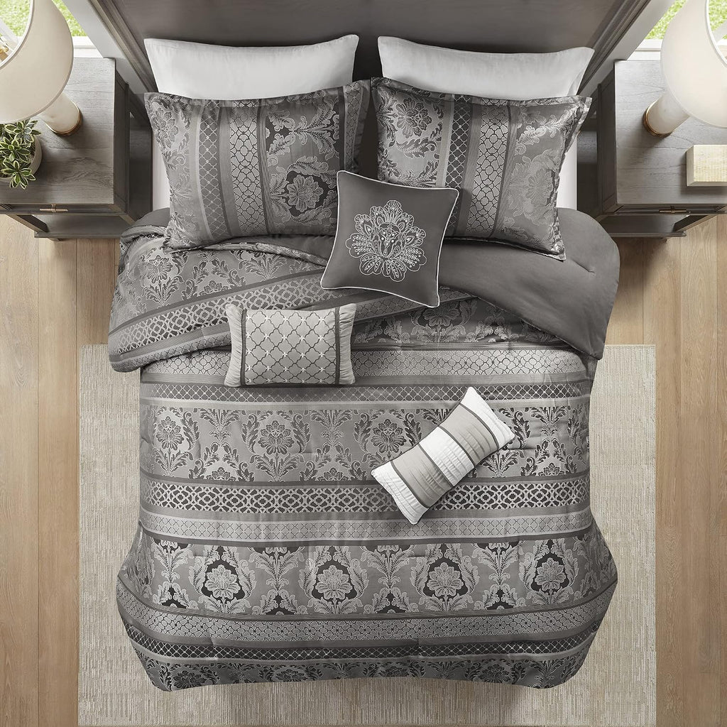 Madison Park Bellagio Cozy Comforter Set - Luxurious Jaquard Traditional Damask Design, All Season Down Alternative Bedding with Matching Shams, Decorative Pillow, King(104'x92') , Grey 7 Piece