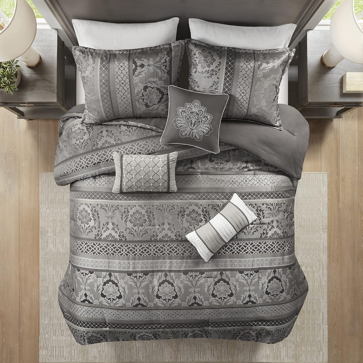Madison Park Bellagio Cozy Comforter Set - Luxurious Jaquard Traditional Damask Design, All Season Down Alternative Bedding with Matching Shams, Decorative Pillow, King(104'x92') , Grey 7 Piece