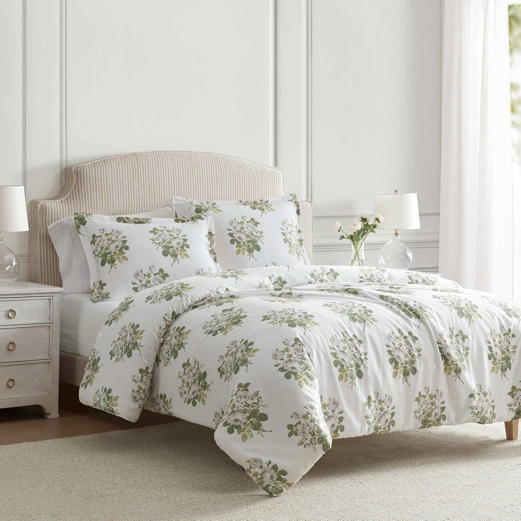 Martha Stewart - King Comforter Set, Smooth Sateen Front with Subtle Sheen & Lightweight Cotton Percale Reverse, 3 Piece Bed Set with Matching Pillowcases (Eloise Floral Grey)
