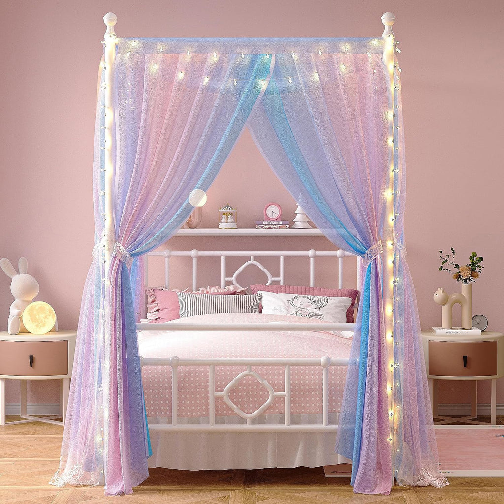 Homkdom Canopy Bed Frame with Storage Headboard, Twin Size Bed Frame with 4 Removable Posts, Sturdy Metal Platform with Under-Bed Storage, Dual Purpose Bed Frame, No Box Spring Needed, White