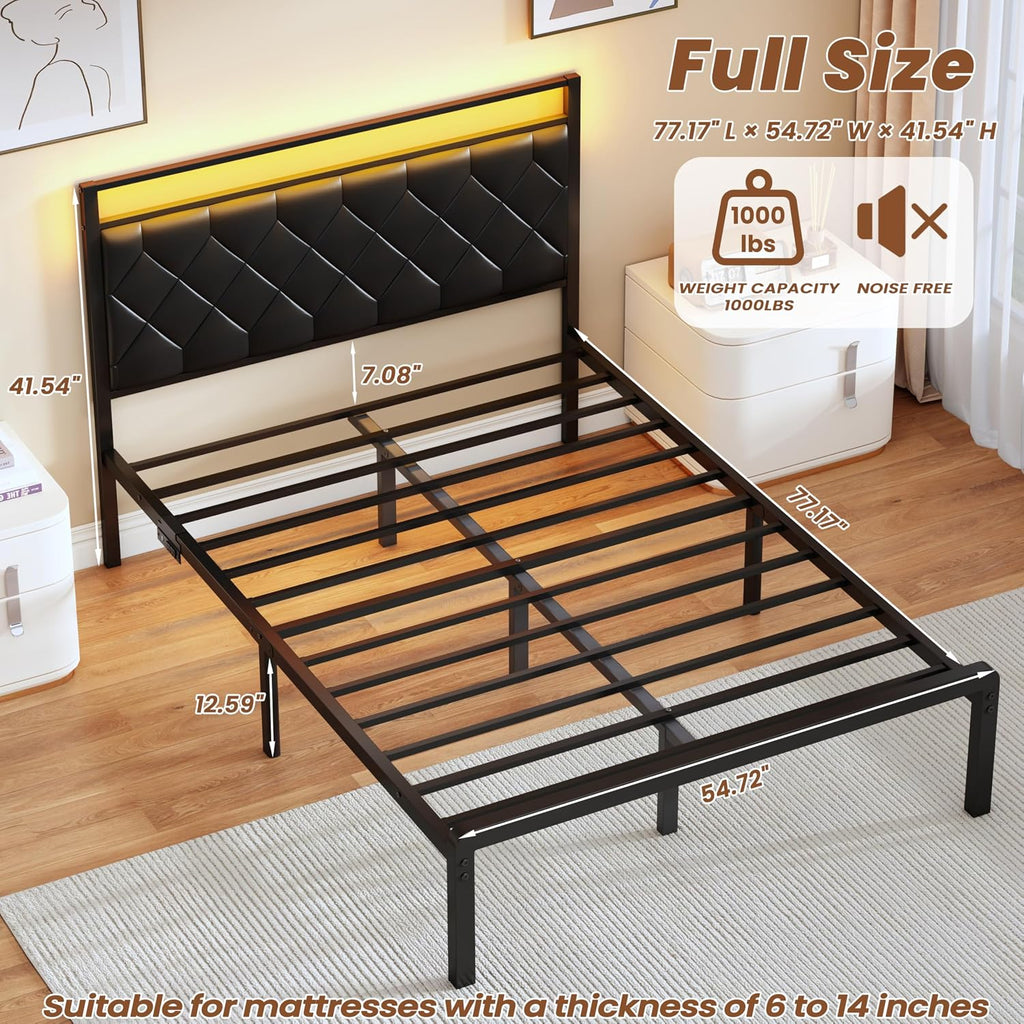 Full Size Bed Frame with Headboard, Modern Metal Bed Frame with LED Lights & Charging Station, PU Leather Upholstered Headboard, All Metal Slats Support, No Boxing Spring Needed, Noise Free, Black