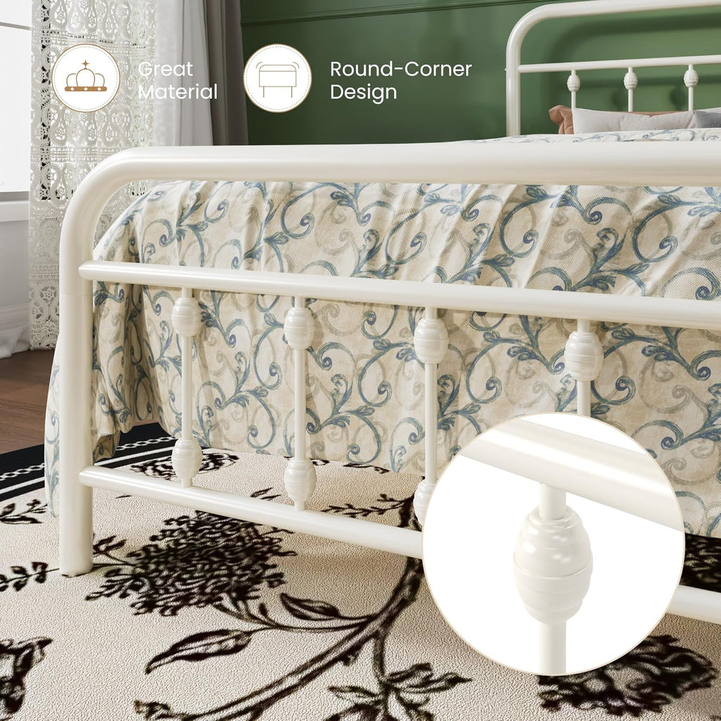 SHA CERLIN Full Size Metal Platform Bed Frame with Victorian Style Iron-Art Headboard and Footboard, Easy Assembly, Under Bed Storage, No Box Spring Required, Off White