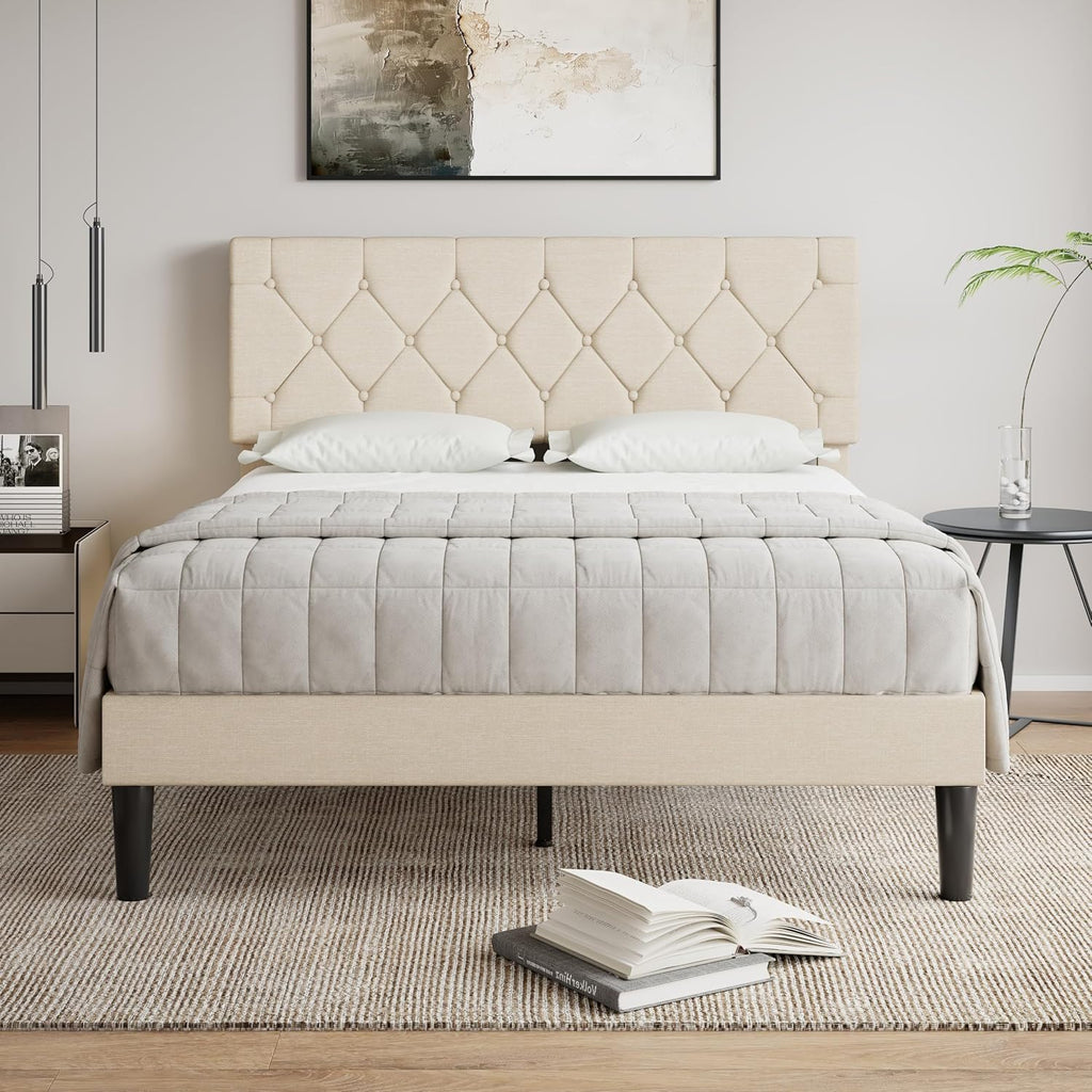 VECELO Queen Bed Frame with Button Tufted Headboard, Upholstered Platform with Wooden Slat Support, No Box Spring Needed, Cream Beige