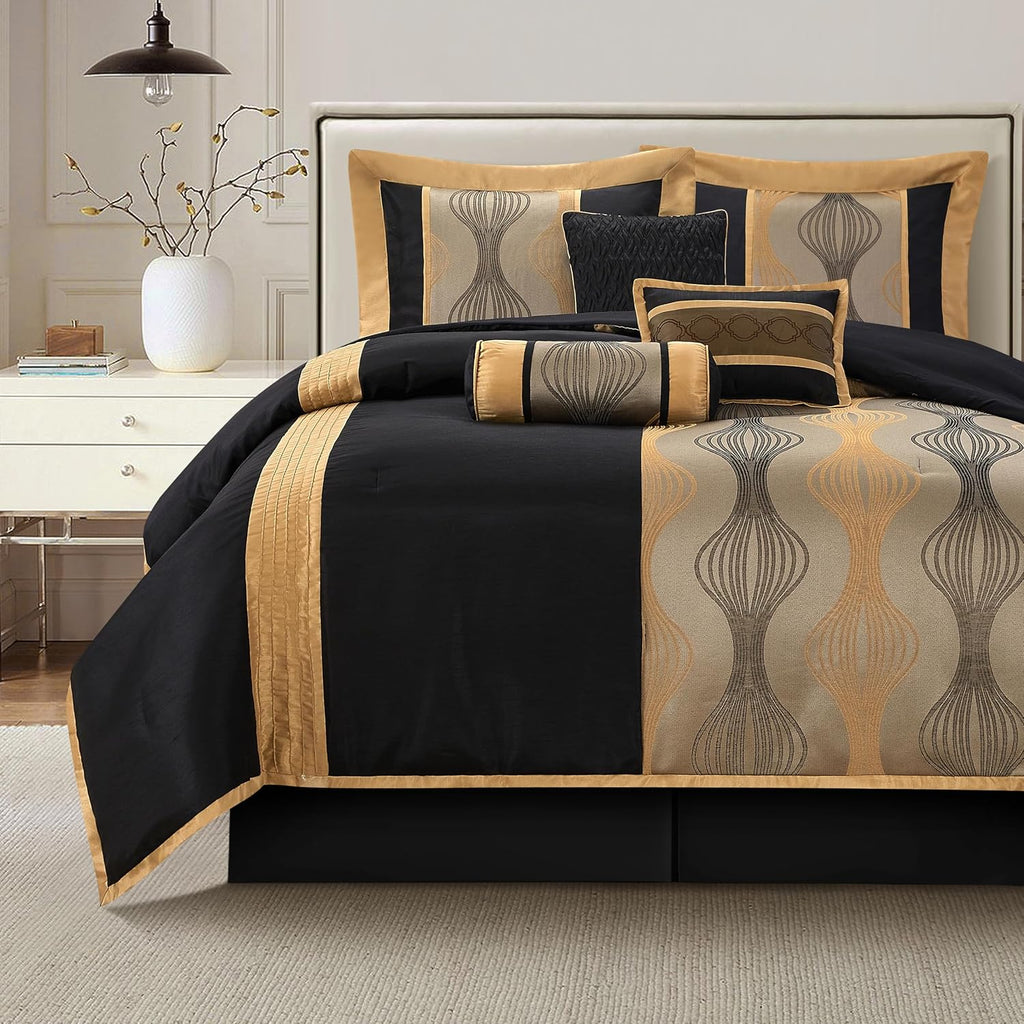 LANCO MODERN LIFESTYLE California King Comforter Set, Black Gold, 7 Pieces in a Bag, Soft Jacquard with Solid Piecework, Luxury Bed Set with Comforter, Bed Skirt, Pillow Shams and Decorative Pillows
