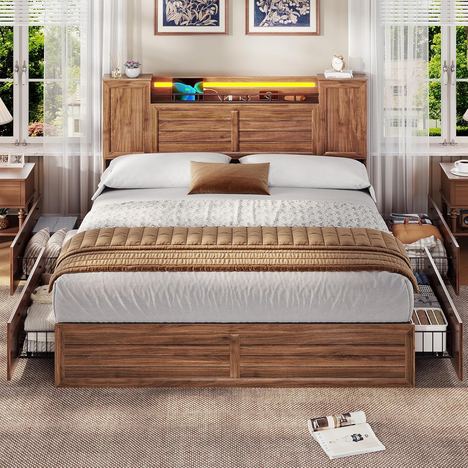 VIAGDO Farmhouse Full Size Bed Frame with Headboard and Double Barn Door Storage Cabinets, Rustic Wooden Bed Frame Full with Charging Station, 4 Drawers and LED Lights, No Box Spring Needed, Brown