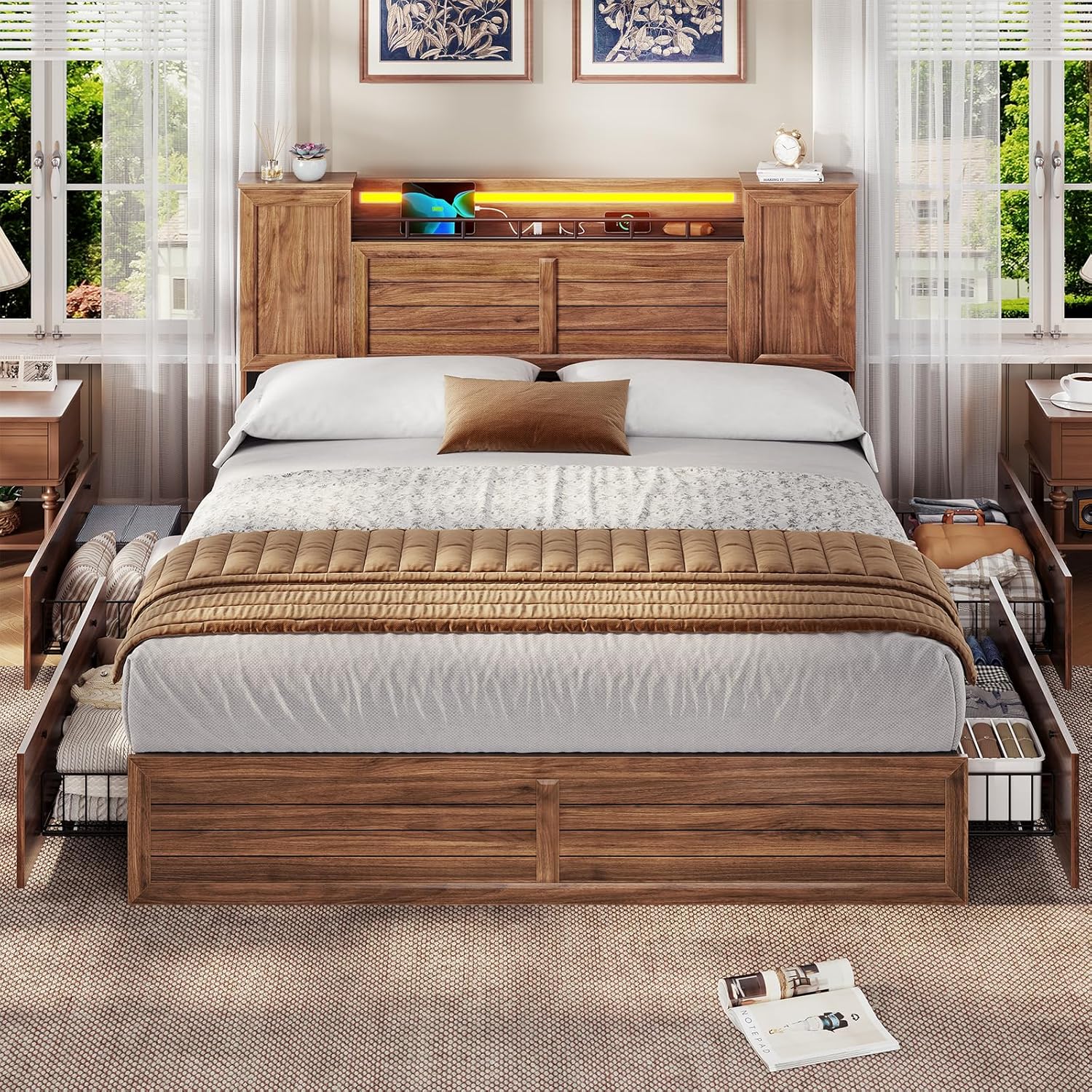 VIAGDO Farmhouse Queen Bed Frame with Headboard and Double Barn Door Storage Cabinets, Rustic Wooden Bed Frame Queen Size with Charging Station, 4 Drawers and LED Lights, No Box Spring Needed, Brown