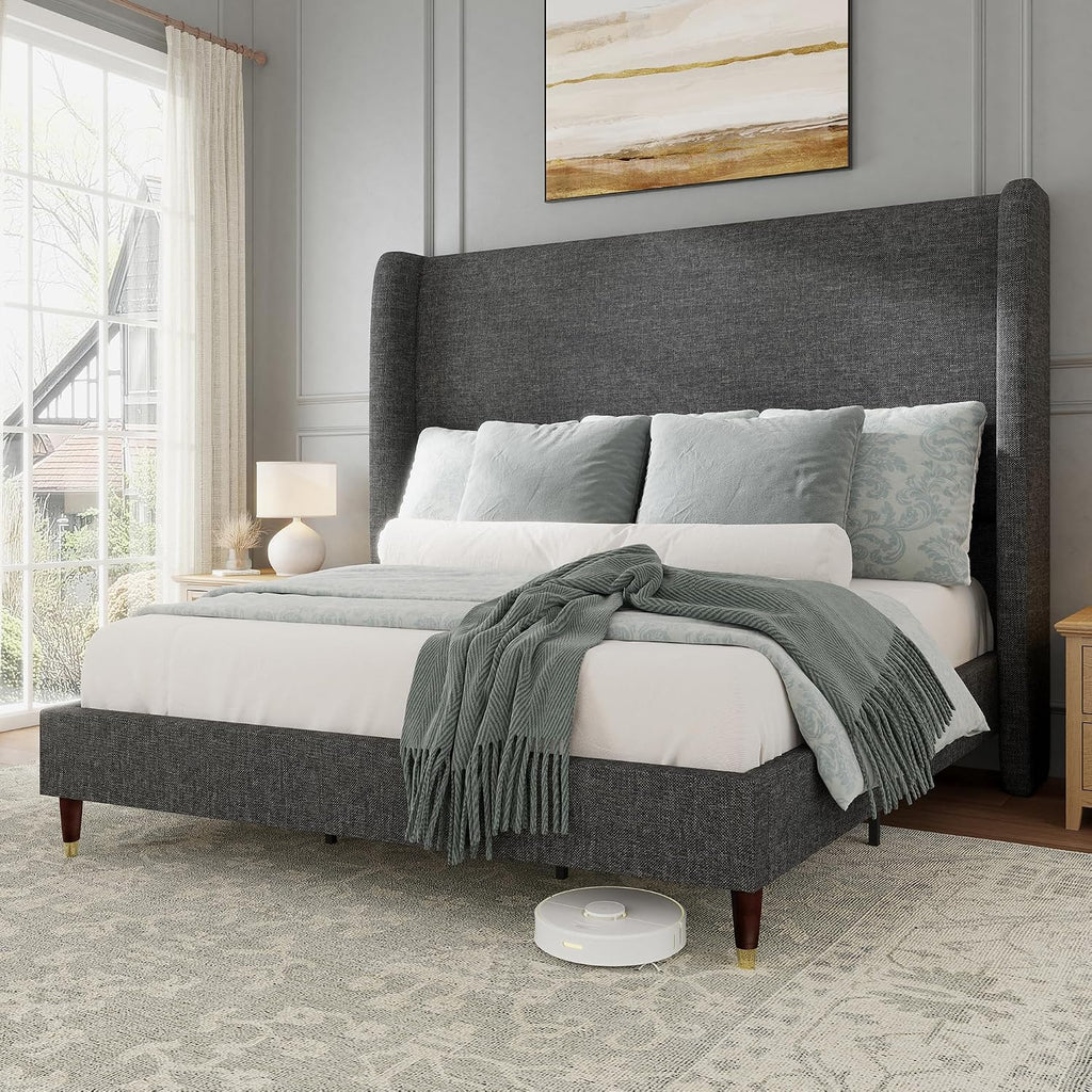 Jocisland King Size Bed Frame 51.2' Wingback Headboard Linen Upholstered Platform Bed with Solid Wood Legs & Wooden Slats, No Box Spring Needed, Modern Minimalist Style, Easy Assembly, Dark Gray