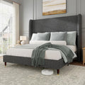 Jocisland King Size Bed Frame 51.2' Wingback Headboard Linen Upholstered Platform Bed with Solid Wood Legs & Wooden Slats, No Box Spring Needed, Modern Minimalist Style, Easy Assembly, Dark Gray