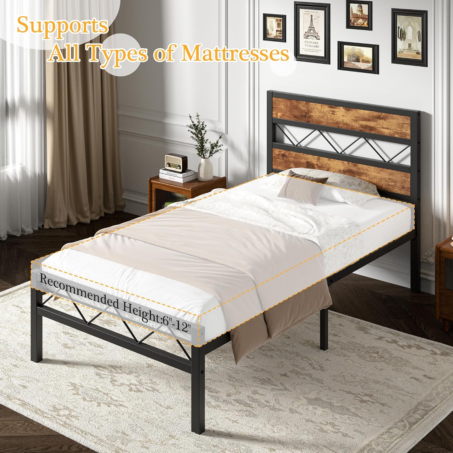 VECELO 2 Twin Bed Frame Set Metal Platform with Wooden Headboard, Heavy-Duty Metal Slats Support, No Box Spring Needed, Non-Slip, Noise Free, Easy Assembly, Black & Brown