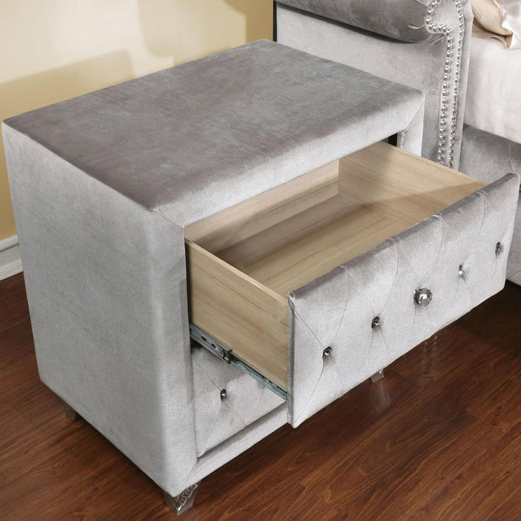 Furniture of America Rhodo Fabric Upholstered 3-Piece Bedroom Set, King Size Platform Bed and 2-Drawer Nightstands with USB Port, Button Tufted Headboard, No Box Spring Required, Gray