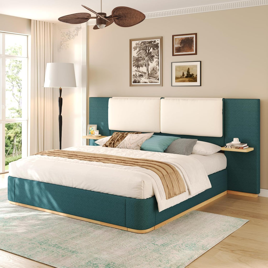 Merax King Size Upholstered Platform Bed Frame with Large PU Leather Headboard and Bothside Shelves, Modern Bedroom Furniture & Solid Wood Slats Support, No Box Spring Needed, Easy Assembly, Green