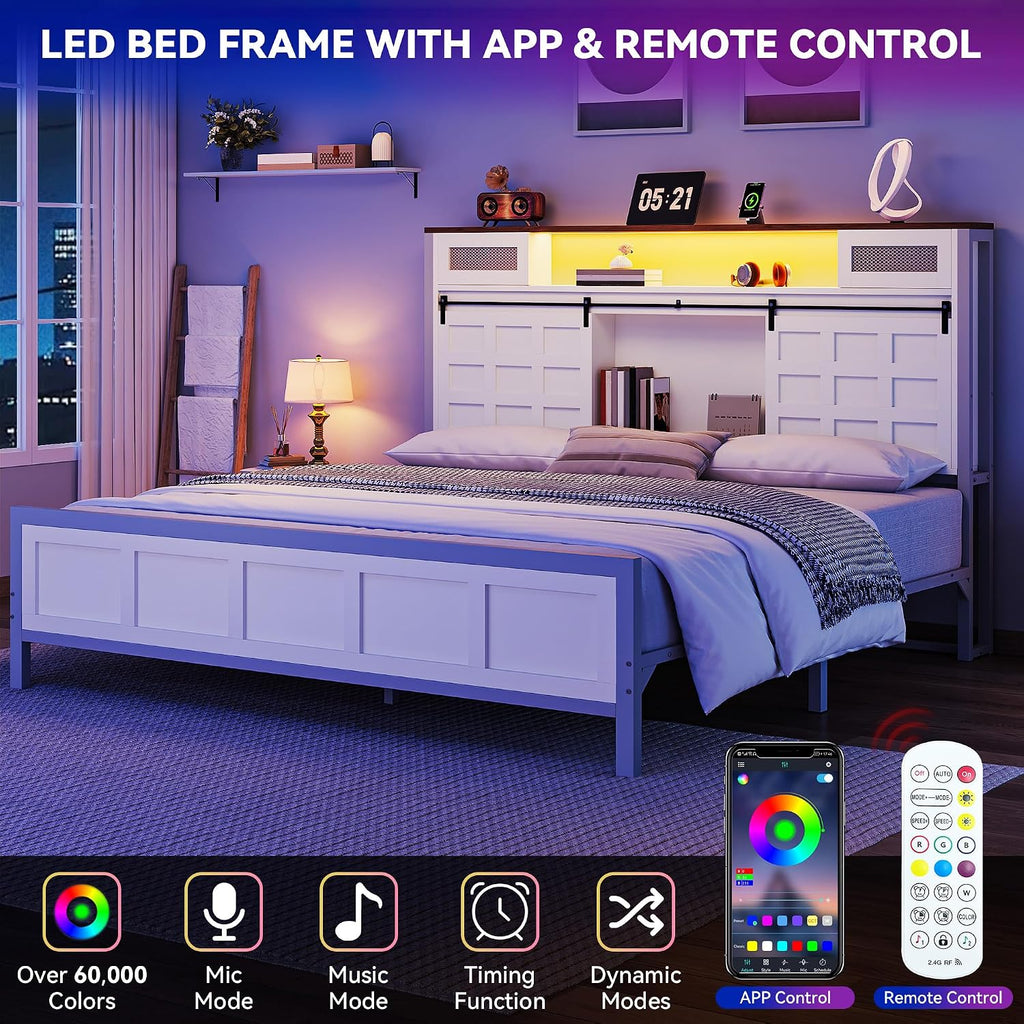 YITAHOME King Size Bed Frame Farmhouse with 49.14' Tall Storage Headboard, Charging Station & Led Light, Sliding Barn Door, Wooden Platform Bed Frame, Metal Slats Support, No Box Spring Needed, White
