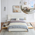 Queen Size Upholstered Platform Bed Frame with 2 Side Storage Drawers & Built-in Nightstands, Linen Headboard, Sturdy Metal Frame, Noise-Free, No Box Spring Needed, White