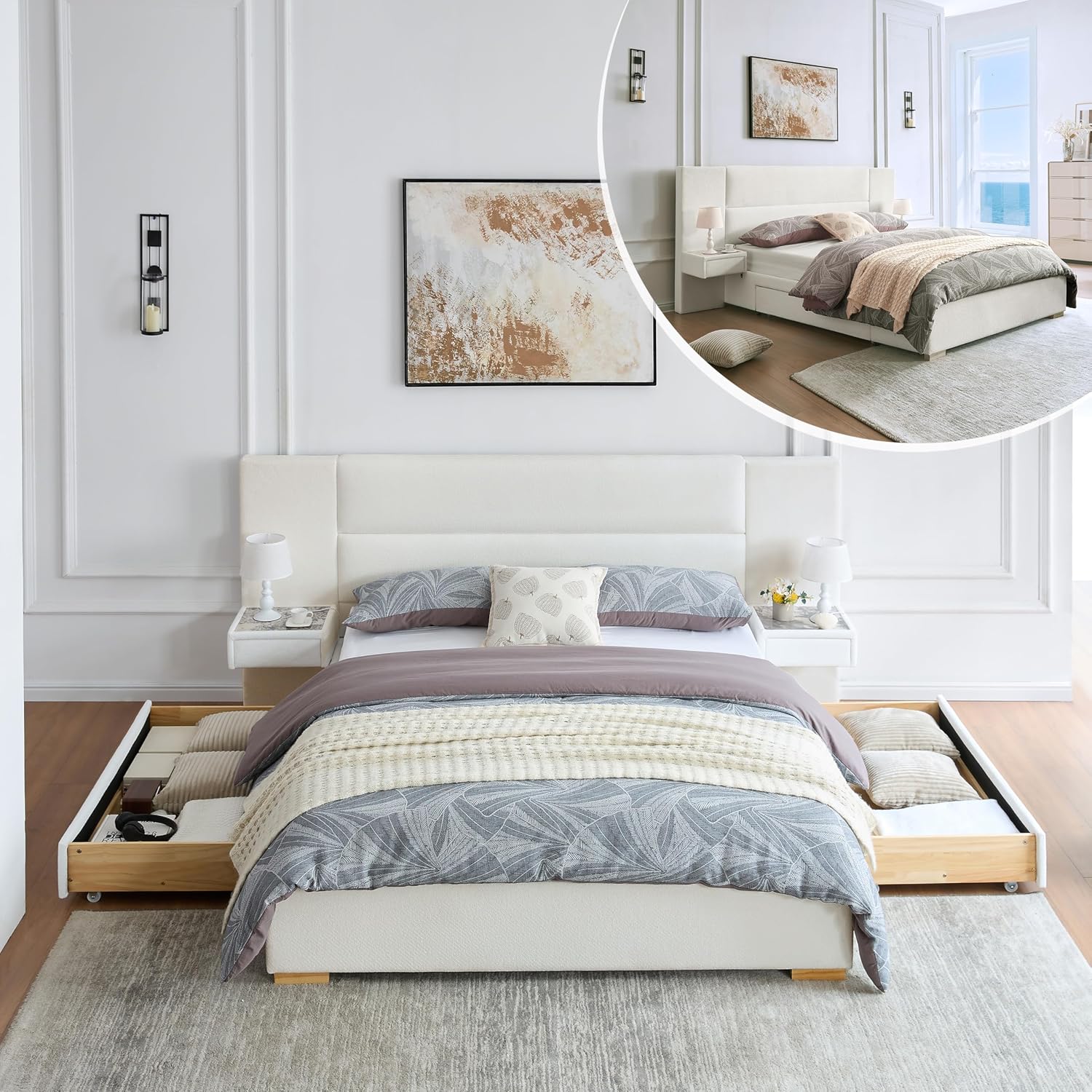 Queen Size Upholstered Platform Bed Frame with 2 Side Storage Drawers & Built-in Nightstands, Linen Headboard, Sturdy Metal Frame, Noise-Free, No Box Spring Needed, White