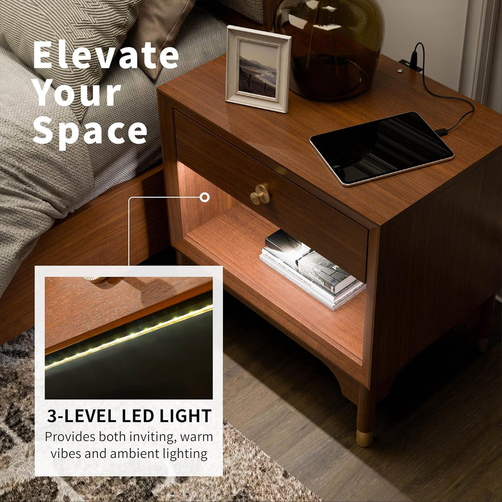 Furniture of America Forma Modern Solid Wood 4-Piece Bedroom Set with Upholstered Bed with LED Lights, Ball-Bearing Glide on Nightstand and Dresser with Mirror, No Box Spring Needed, King, Walnut