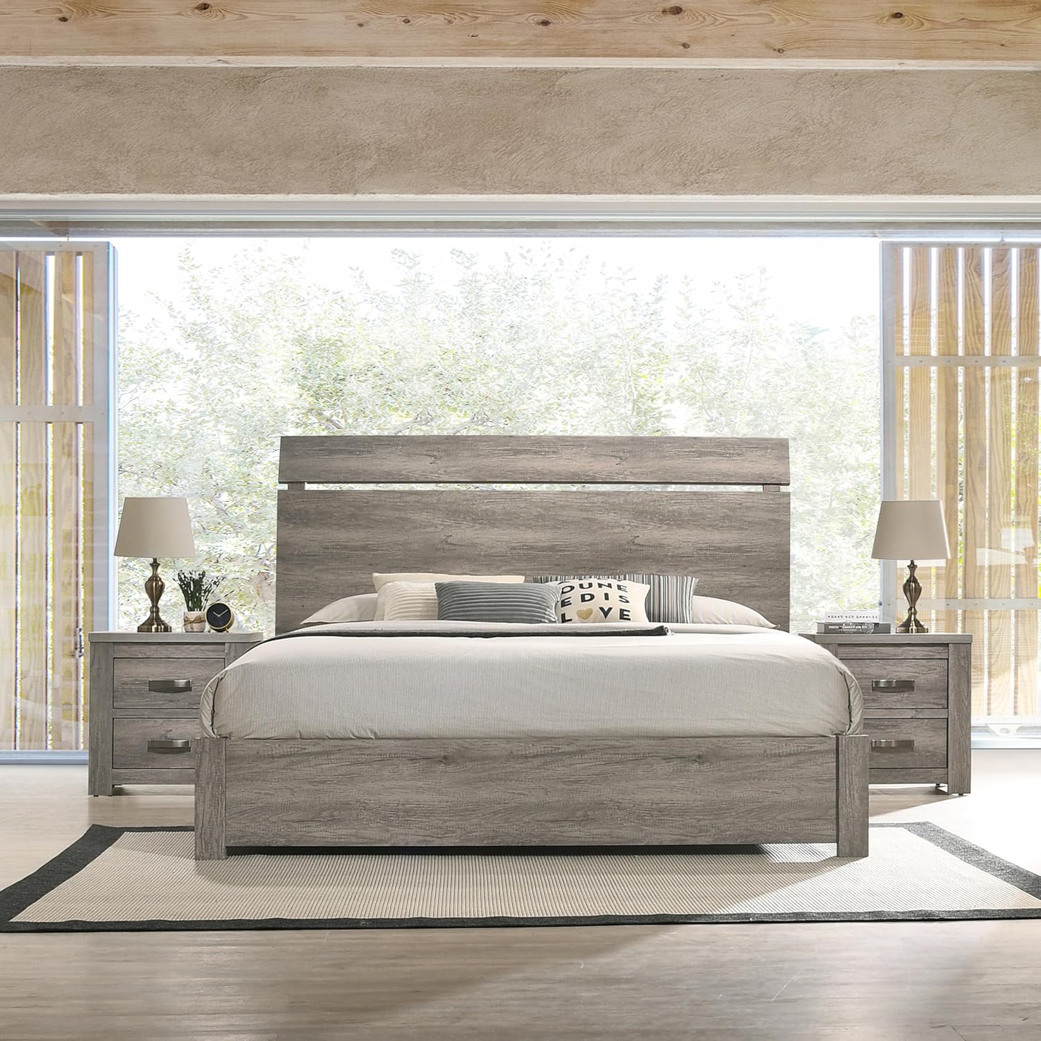 Roundhill Furniture Floren Weathered Gray Wood 3-Piece Bedroom Set, Bed with 2 Nightstands, King