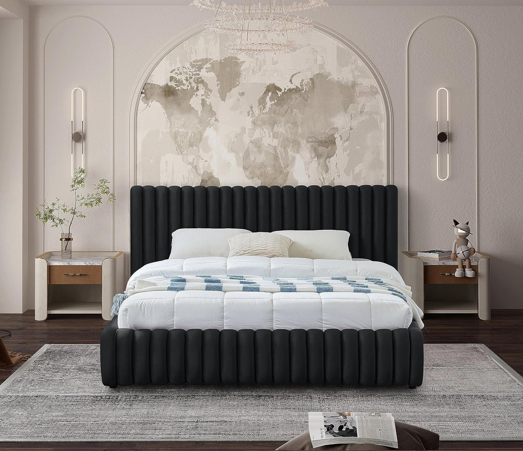 Meridian Furniture NicoBlack-K Nico Collection Modern | Contemporary Velvet Upholstered King Bed with Rich Black Velvet and Deep Channel Tufting, 89' W x 91' D x 38' H, Black, King