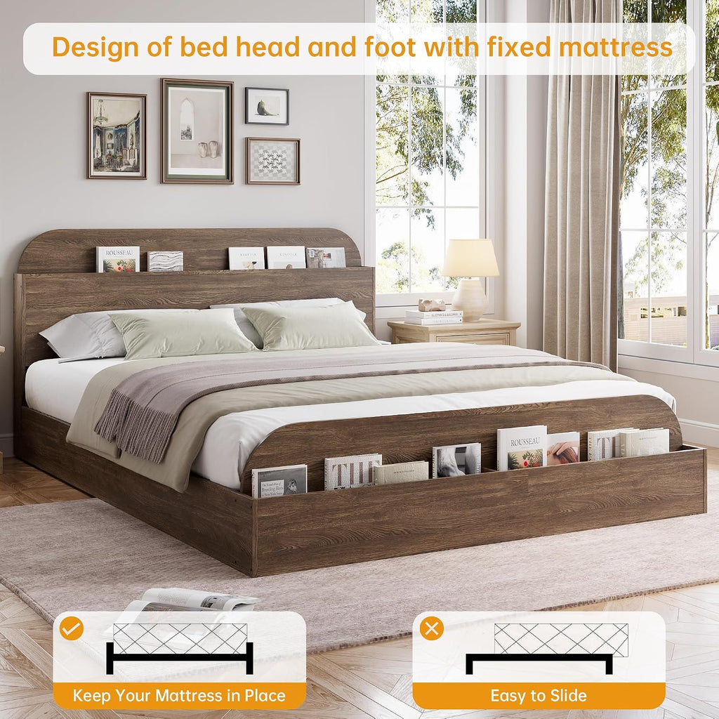 GarveeHome Queen Size Bed Frame, Wooden Beds with Storage Headboard and Raised-Foodboard, Queen-Floor Low Platform Bed for Bedroom, Sturdy Wooden Slats Support, No Box Spring Needed, Walnut