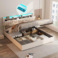 Fameill King Size Lift Up Storage Bed Frame, Height Adjustable Storage Headboard with Charging Station, LED Lights Upholstered Platform Bed, Wooden Slat, No Box Spring Needed, Noise-Free, Beige
