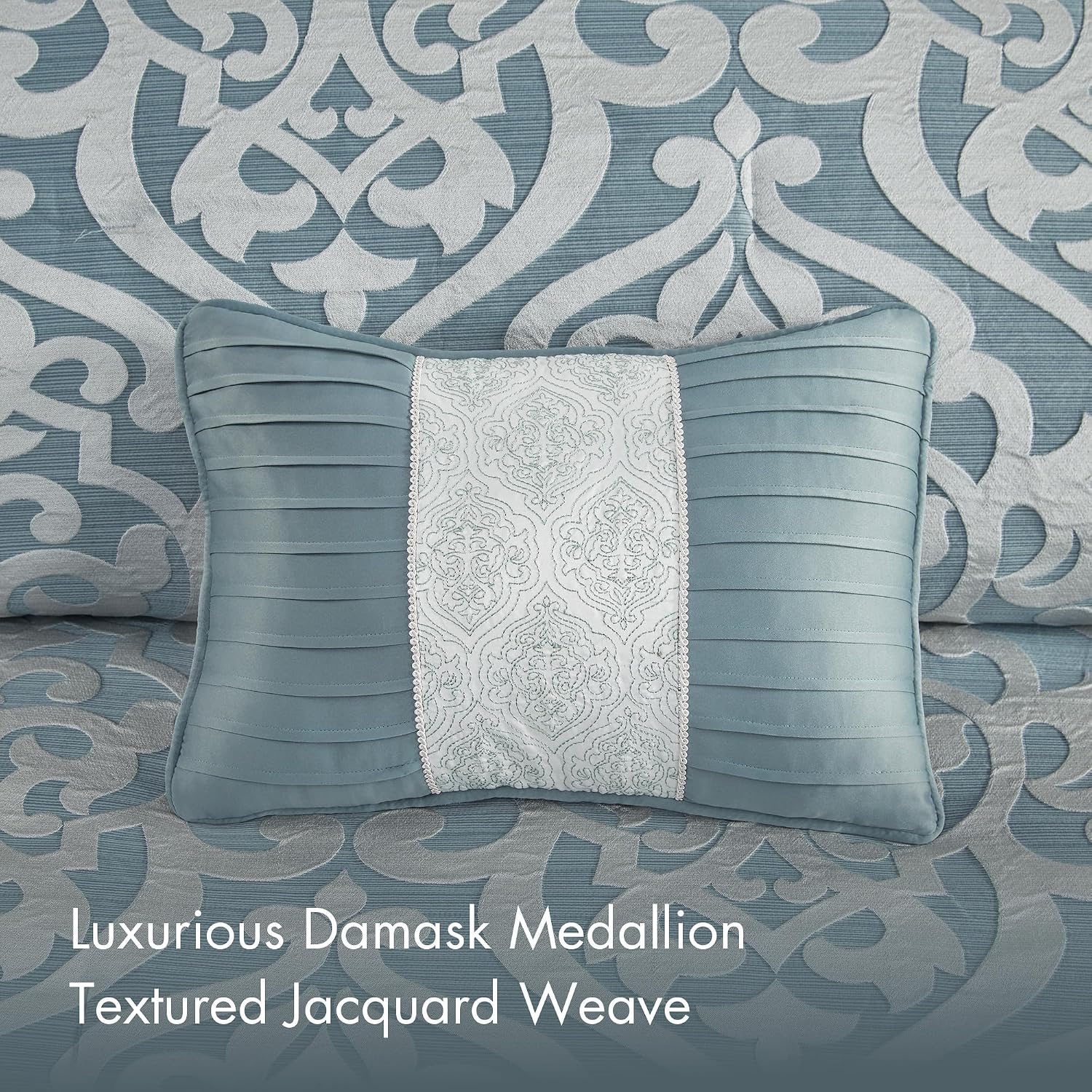 Madison Park Odette Cozy King Size Comforter Set Jacquard Damask Medallion Design - Modern All Season, Down Alternative Bedding, Shams, Decorative Pillows, King(104 in x 92 in), Aqua