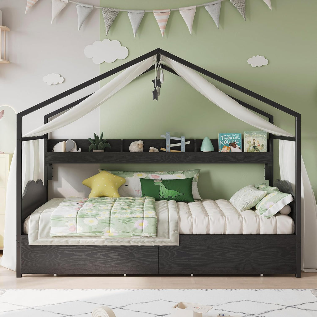 LIKIMIO Twin Bed Frame with 2 Storage Drawers, DIY House Bed with Bookshelf & Curved Headboard & Footboard, Twin Corner Bed Frames for Bedroom, No Box Spring Needed, Black