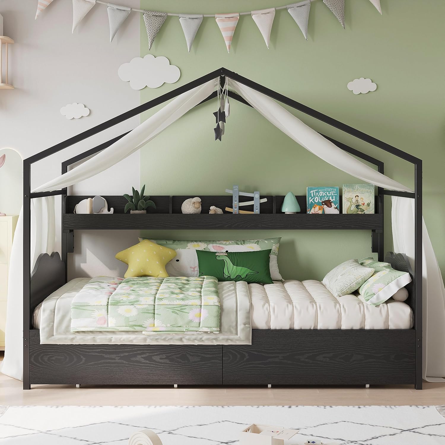 LIKIMIO Twin Bed Frame with 2 Storage Drawers, DIY House Bed with Bookshelf & Curved Headboard & Footboard, Twin Corner Bed Frames for Bedroom, No Box Spring Needed, Black