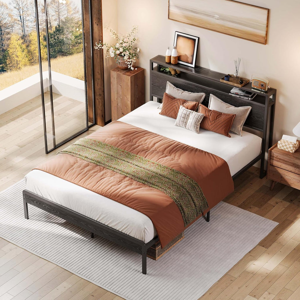 LIKIMIO Full Bed Frame with Headboard, Dark Wood Camas Full with Strong Supports, Sturdy, Noise-Free, No Box Spring Needed, Black
