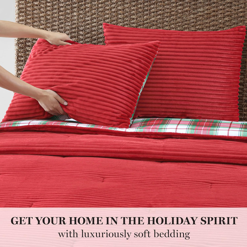 Martha Stewart - King Comforter Set in Red, Reversible, Cute, Wide Corduroy Plaid Bedding Set - 3 Pieces - All Seasons, Lightweight, Fluffy with 1 Comforter, 2 Pillow Shams,
