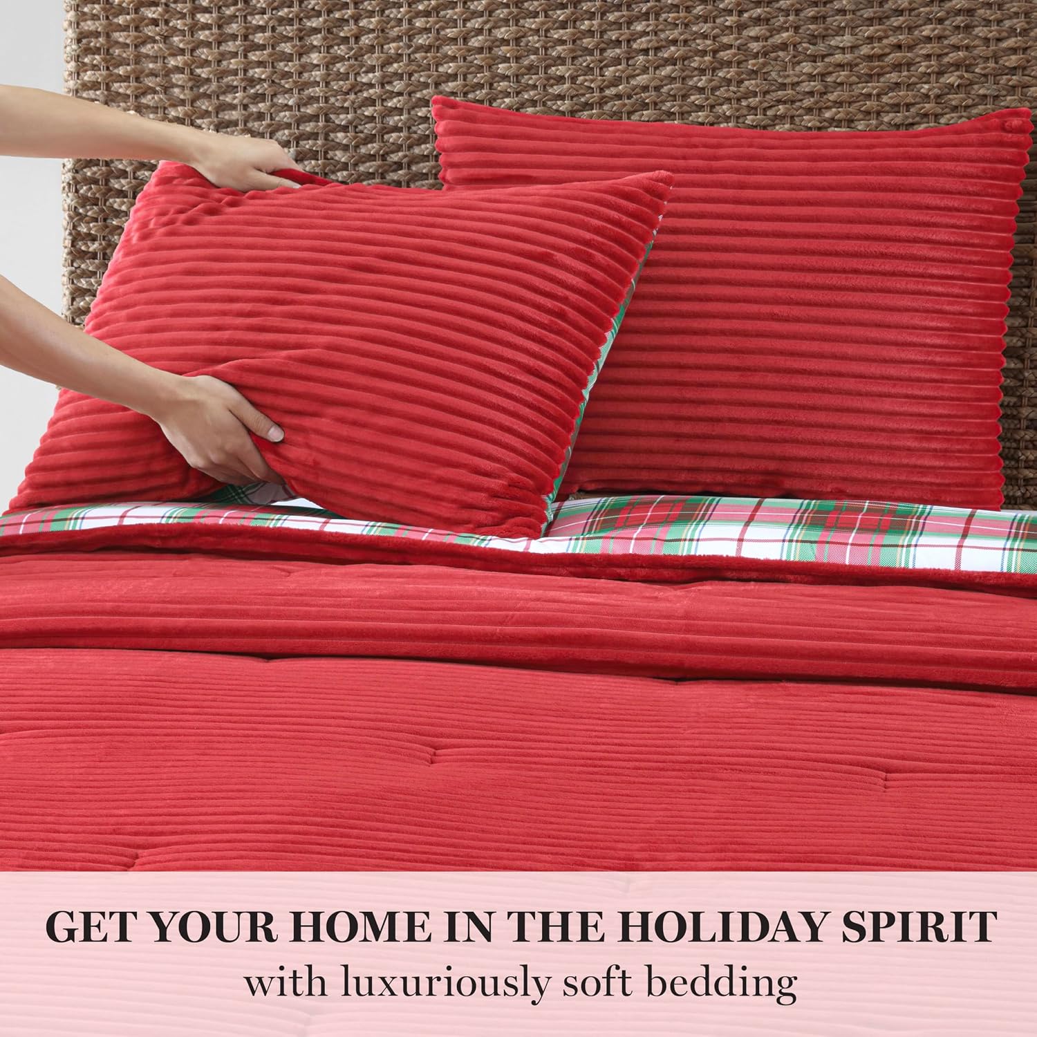 Martha Stewart - King Comforter Set in Red, Reversible, Cute, Wide Corduroy Plaid Bedding Set - 3 Pieces - All Seasons, Lightweight, Fluffy with 1 Comforter, 2 Pillow Shams,