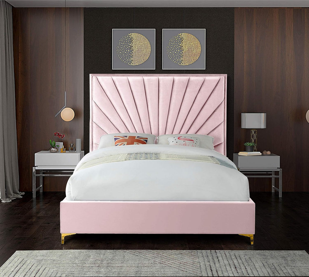 Meridian Furniture Eclipse Collection Modern | Contemporary Velvet Upholstered Bed with Channel Tufted Design and Complete Sets of Gold and Chrome Legs Included, Full, Pink