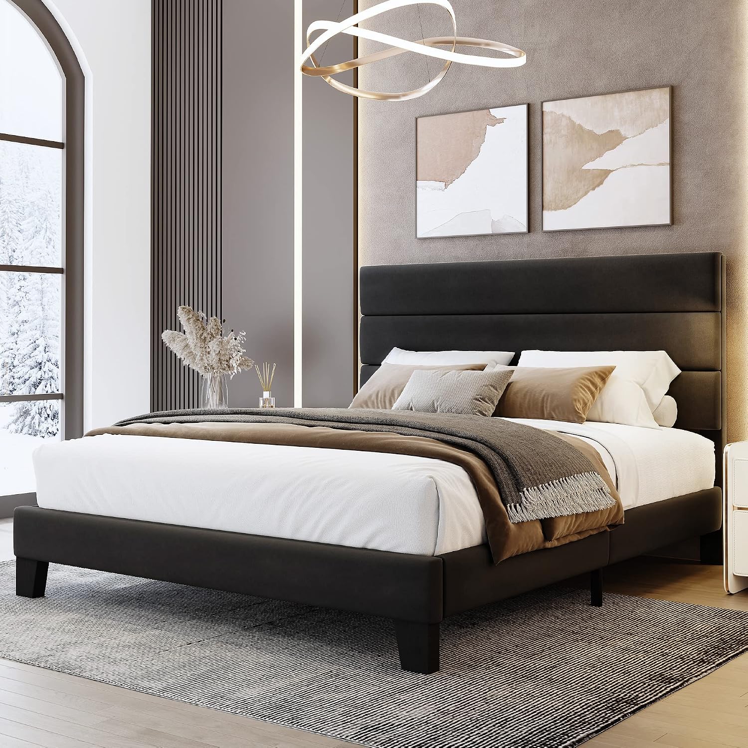 WEEWAY Full Size Bed Frame Platform Bed with Velvet Upholstered Headboard and Wooden Slats Support, Heavy Duty Mattress Foundation, No Box Spring Needed, Easy Assembly, Black