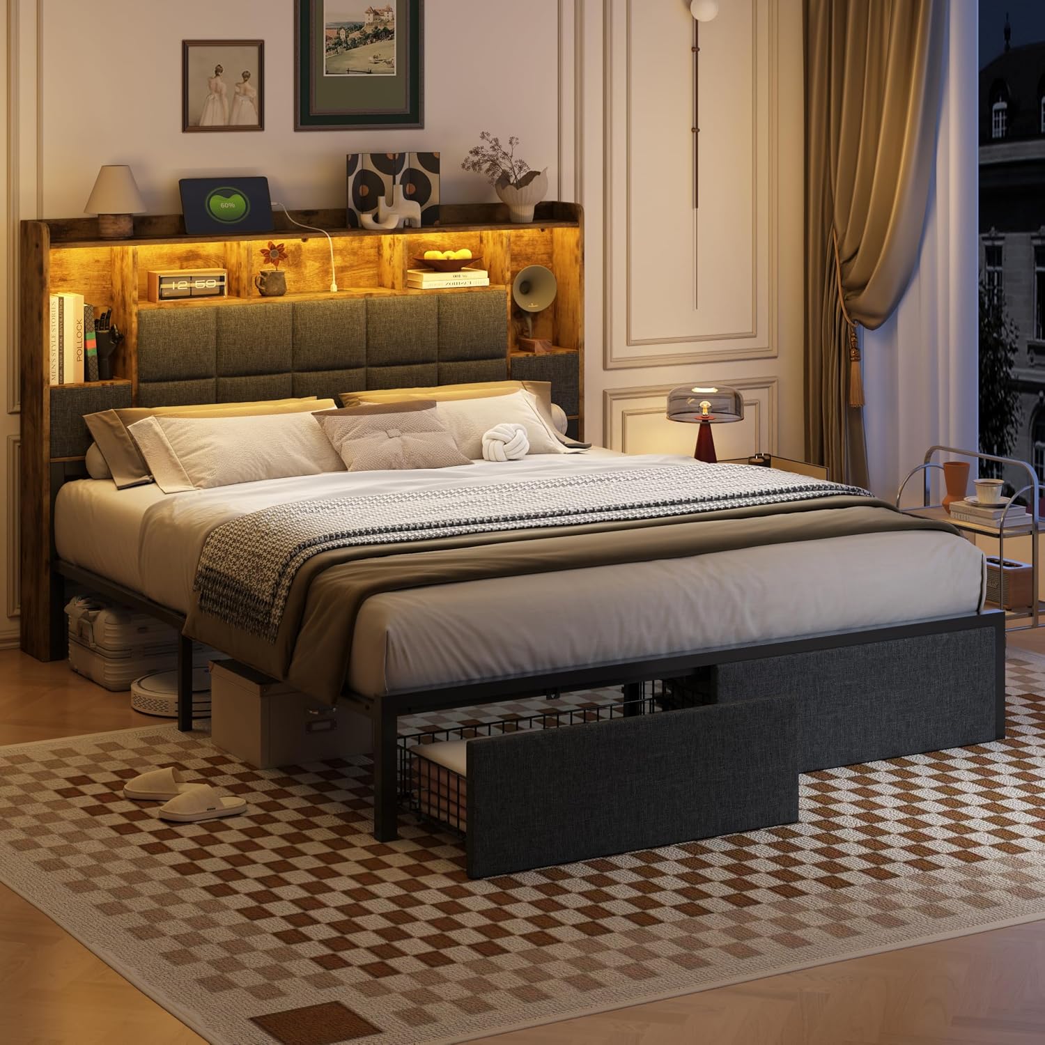 TIGUBFRE LED Bed Frame Queen Size with 2 Hidden Storage Drawers, Bookshelf Headboard, Upholstered Platform Metal Bed Frame with Charging Station, Metal Slats Support, Noise Free, No Box Spring Needed
