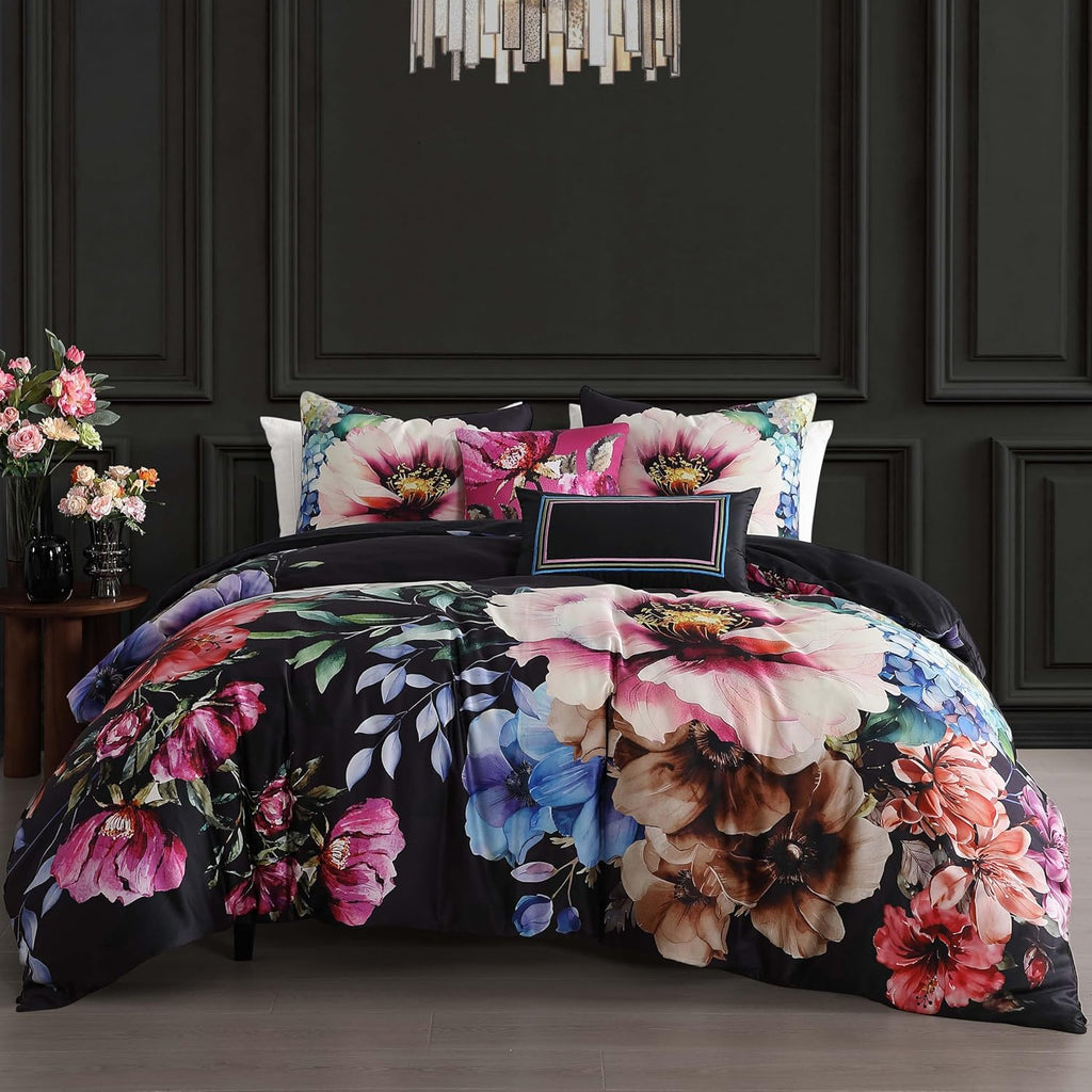 Bebejan Black Night Poppies 5 Piece Comforter Set, 100% Cotton Sateen, 220 Thread Count, Reversible Bedding Comforter Set, 1 Comforter, 2 Shams & 2 Pillows (Full/Queen)