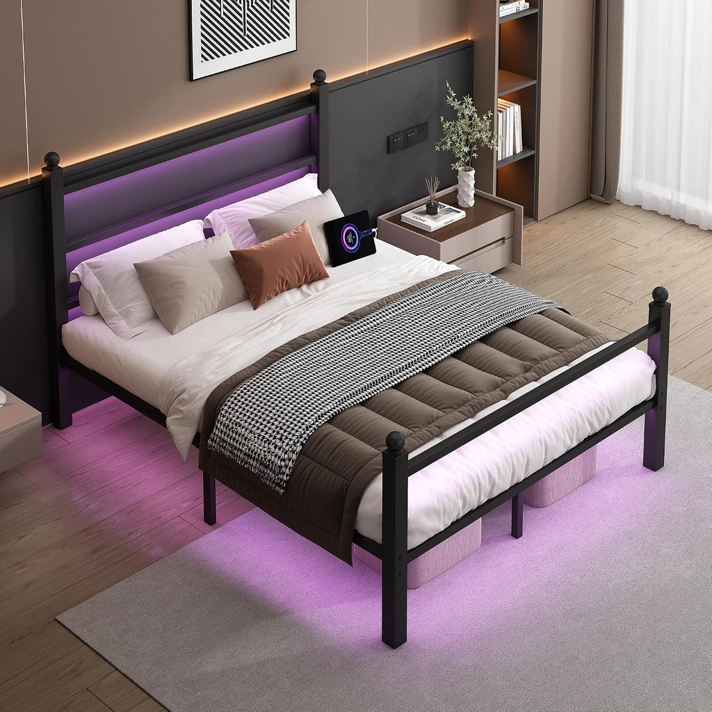 CLIBFENG Queen Size Bed Frame with Headboard and Footboard,Steel Slats Support-LED Bed Frame with USB Charging Station,Mattress Foundation-Under Bed Storage,No Box Spring Needed,Noise Free,Black