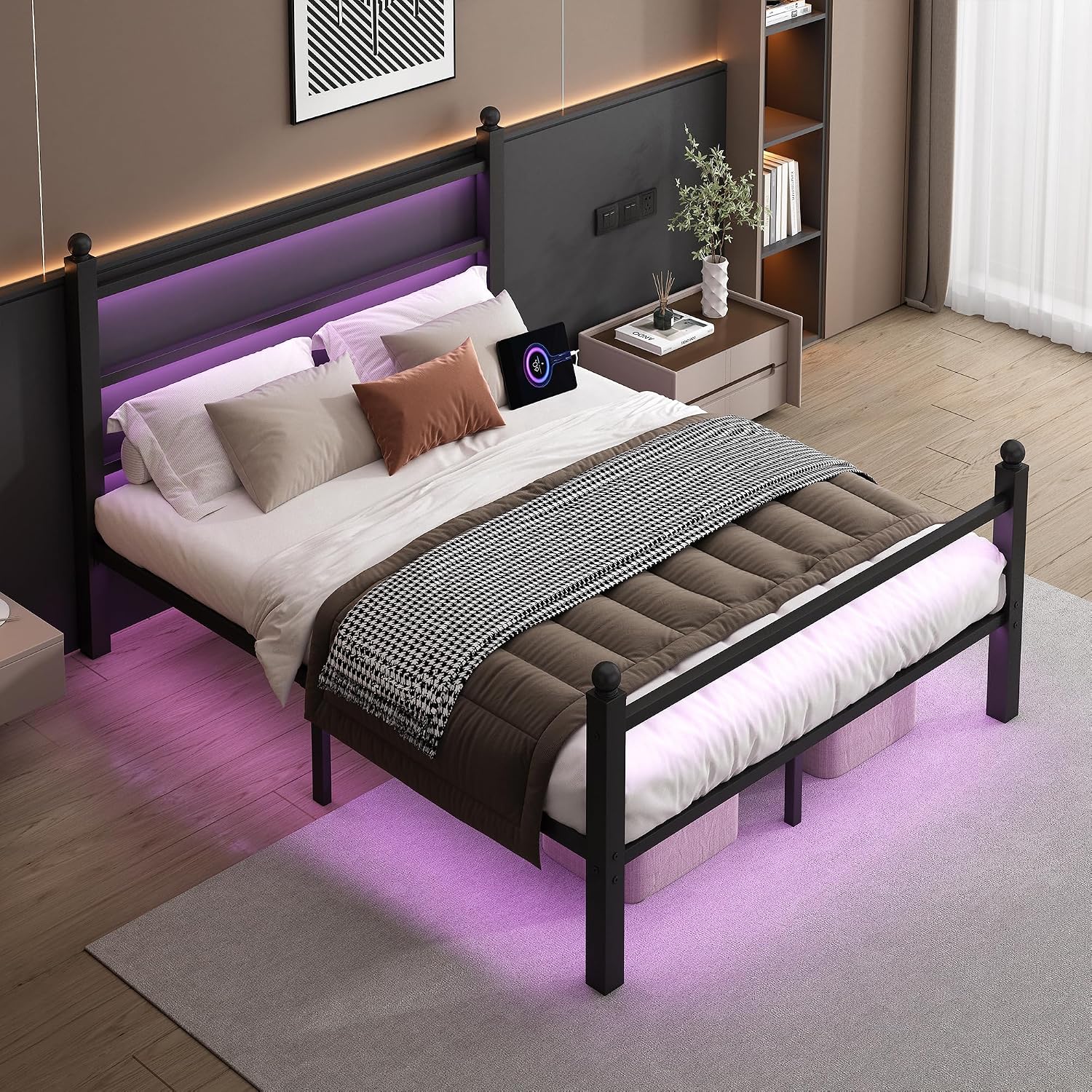 CLIBFENG Queen Size Bed Frame with Headboard and Footboard,Steel Slats Support-LED Bed Frame with USB Charging Station,Mattress Foundation-Under Bed Storage,No Box Spring Needed,Noise Free,Black