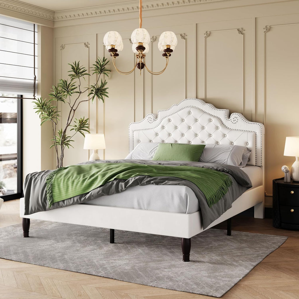 SHA CERLIN Full Size Bed Frame with Adjustable Headboard/Velvet Upholstered/Diamond Button Tufted and Metal Studs/No Box Spring Needed/Sturdy Wood Slat Support/Easy Assembly/White