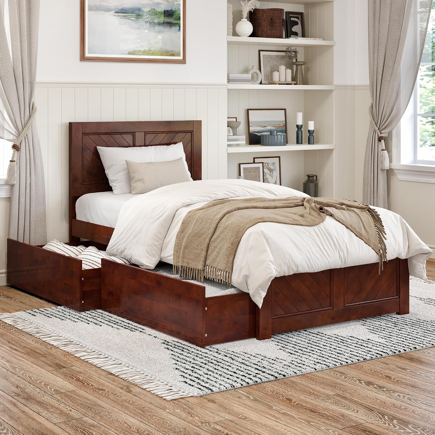 AFI, Canyon Twin XL Platform Bed with Matching Footboard & Storage Drawers, Walnut