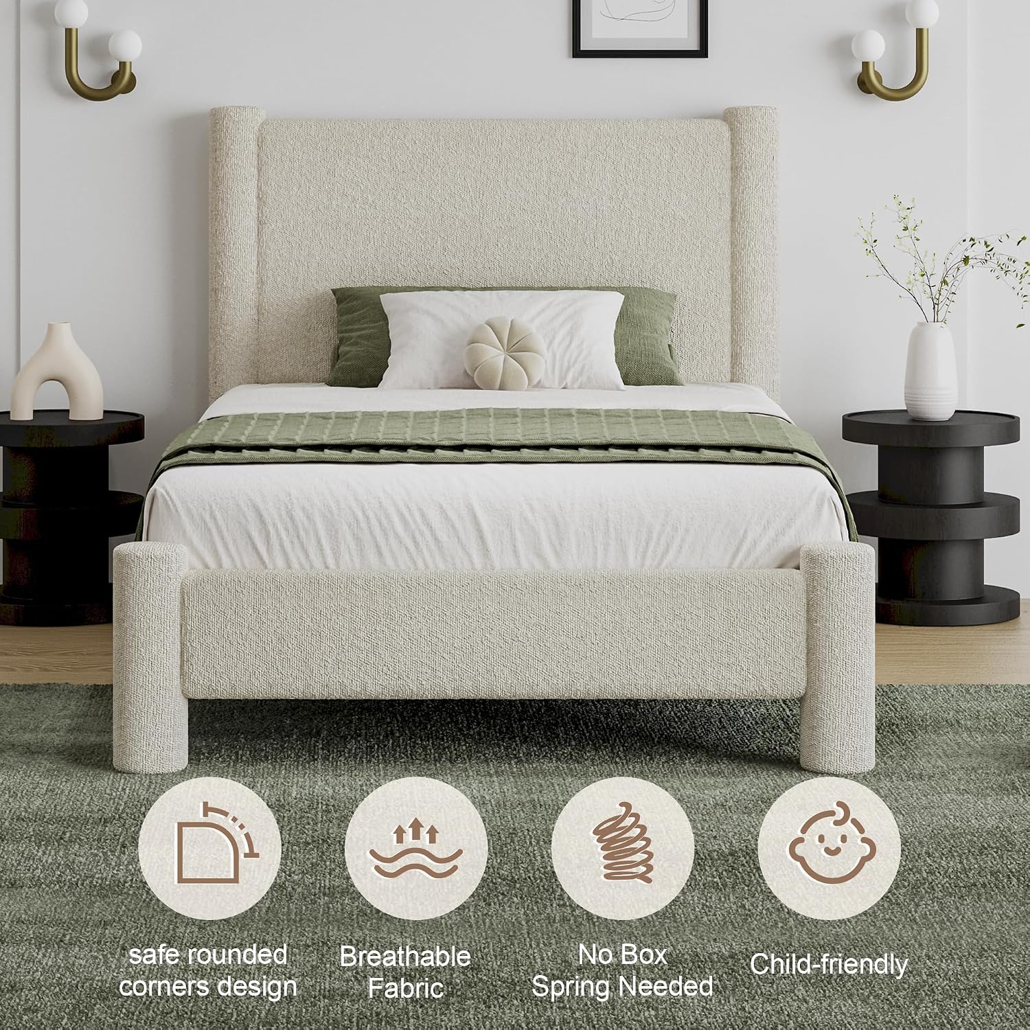 REVOMINCA Twin Size Bed Frame, Boucle Upholstered Platform Bed with Headboard and Footboard, Soft Rounded Corners, No Box Spring Required, Easy Assembly, Cream