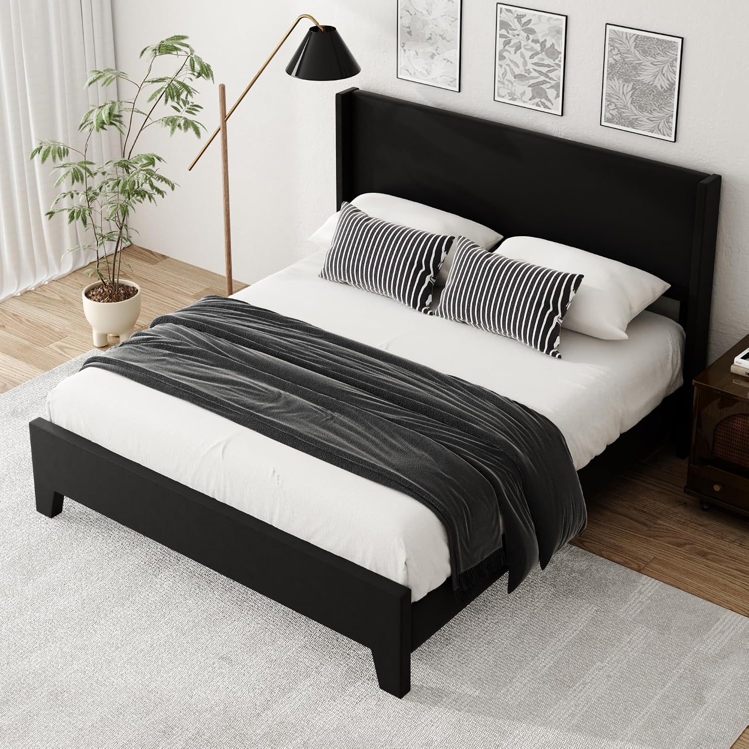 Queen Bed Frame with Faux Leather Upholstered Headboard, Wear-Resistant, Easy Clean, Mattress Foundation, No Box Spring Required, Easy Assembly, Black