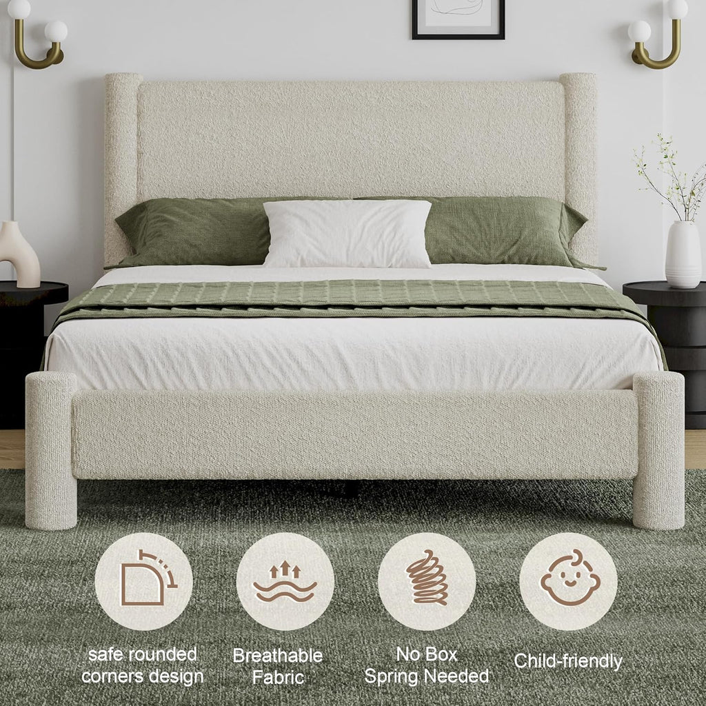 REVOMINCA Full Size Bed Frame, Boucle Upholstered Platform Bed with Headboard and Footboard, Soft Rounded Corners, No Box Spring Required, Easy Assembly, Cream