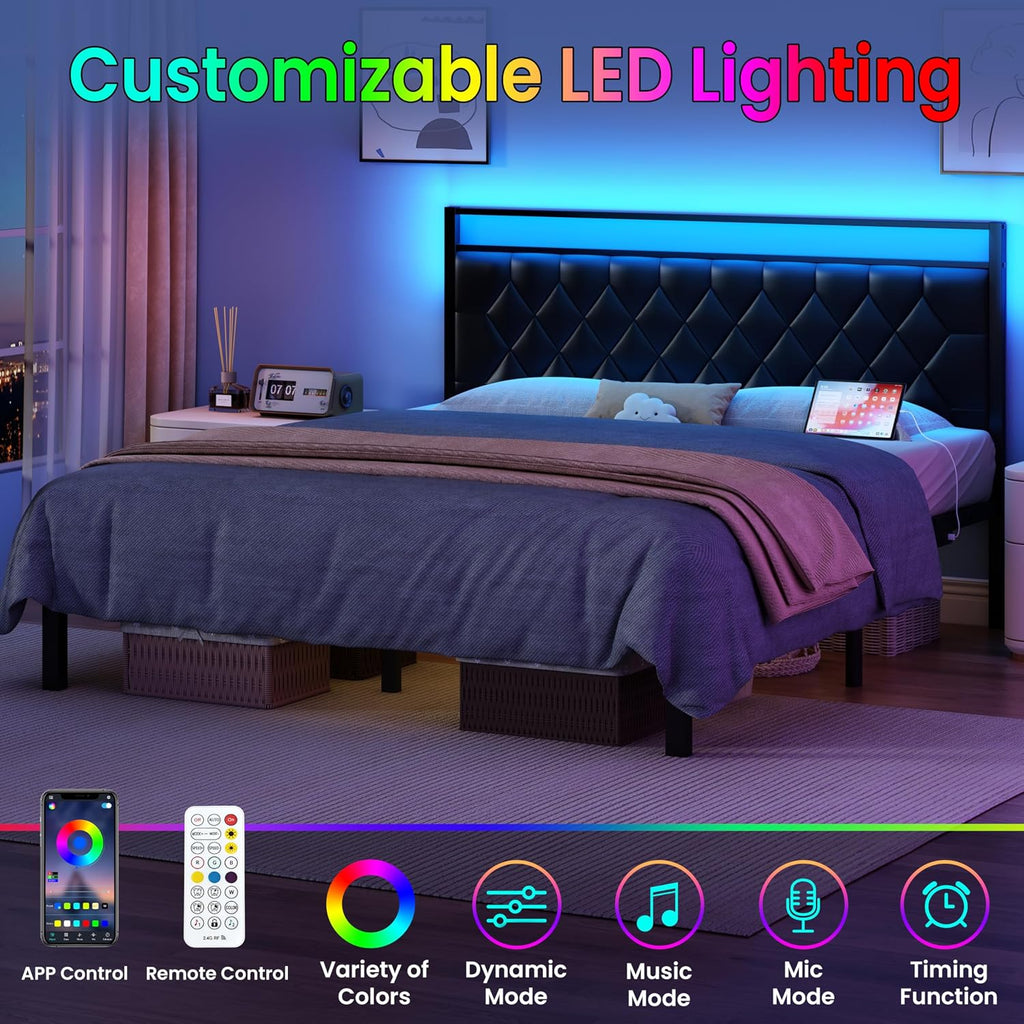 King Size Bed Frame with Headboard, Modern Metal Bed Frame with LED Lights & Charging Station, PU Leather Upholstered Headboard, All Metal Slats Support, No Boxing Spring Needed, Noise Free, Black