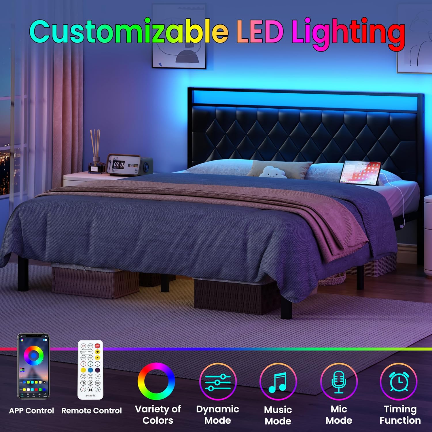 King Size Bed Frame with Headboard, Modern Metal Bed Frame with LED Lights & Charging Station, PU Leather Upholstered Headboard, All Metal Slats Support, No Boxing Spring Needed, Noise Free, Black