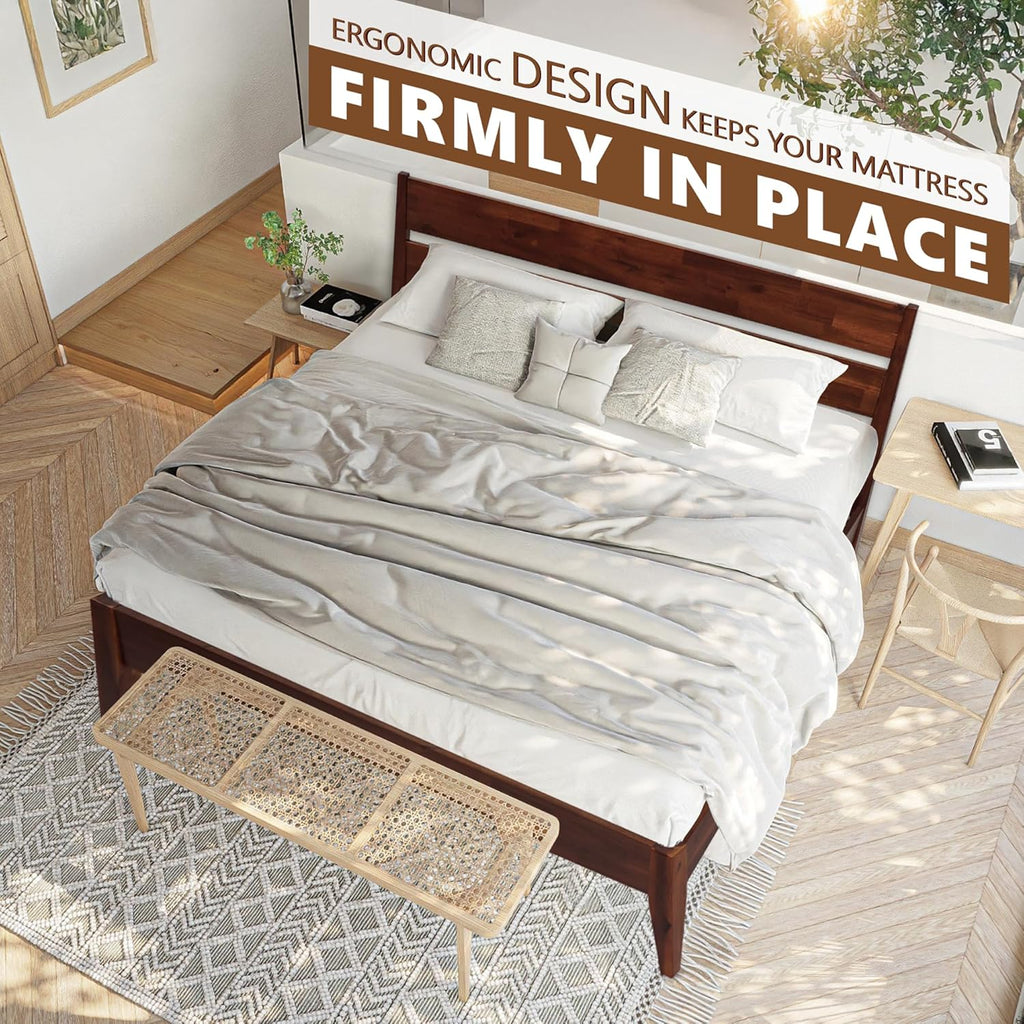 Acacia Emery Bed Frame with Headboard Solid Wood Platform Bed, King Size Bed Frame, Mid - Century Modern Wood Bed Compatible with All Mattresses, Easy Assembly, Non-Slip, Chocolate.