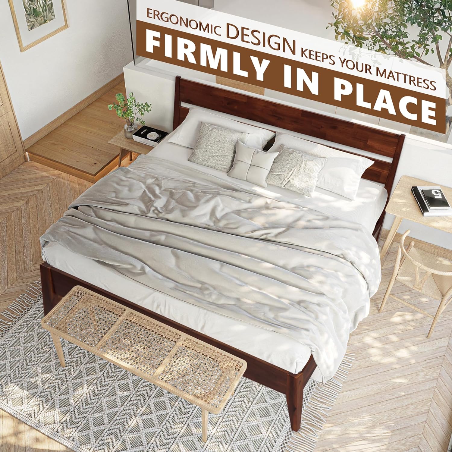 Acacia Emery Bed Frame with Headboard Solid Wood Platform Bed, King Size Bed Frame, Mid - Century Modern Wood Bed Compatible with All Mattresses, Easy Assembly, Non-Slip, Chocolate.