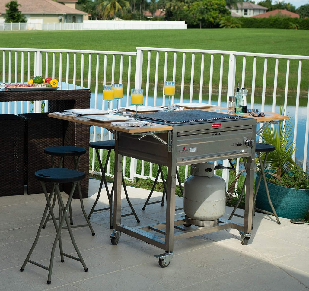 3-in-1 Sit Around Grill with Flat Top Teppanyaki Griddle, BBQ Rack and Cast Iron Grill - Propane Gas and Stainless Steel - Perfect for Outdoor Cooking and Portable for Tailgating, HBC1B